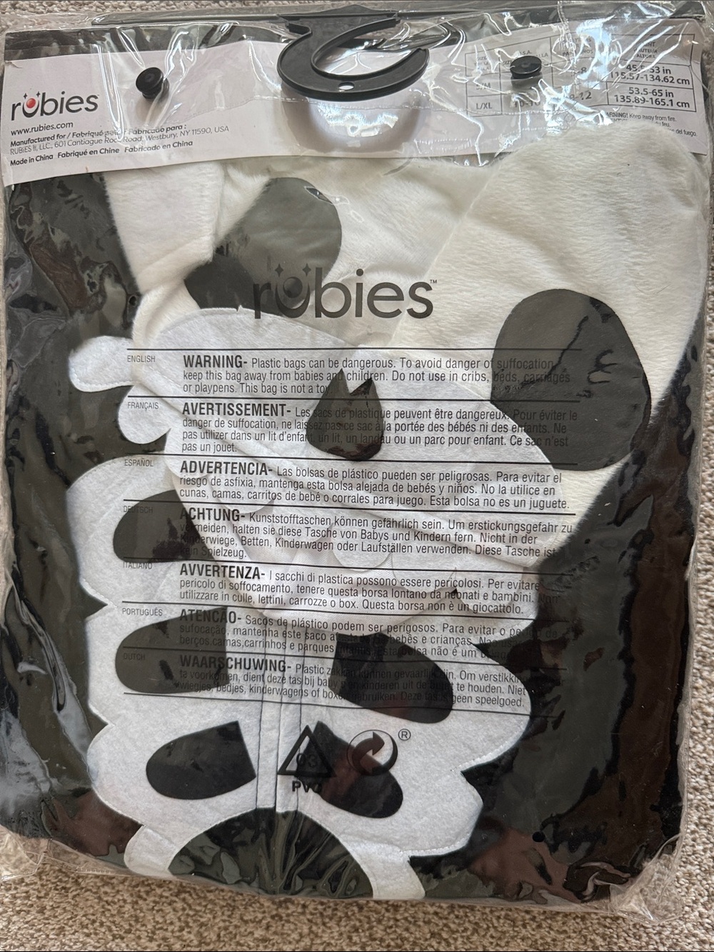 Rubie's Black Skeleton hooded Jumpsuit Costume with White Bone Print Lg|XL - Picture 3 of 6